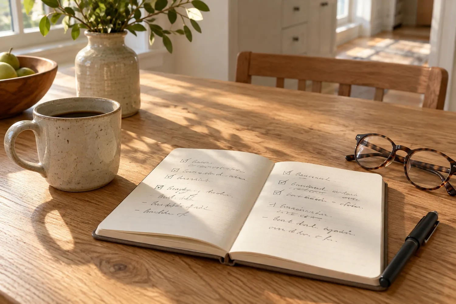Caderno aberto com anotações, caneta e óculos de leitura na mesa